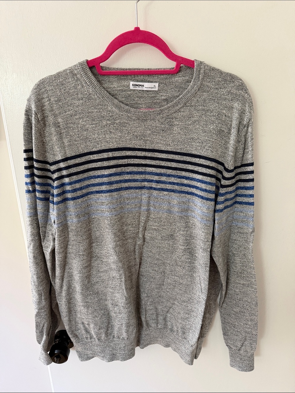 Sonoma Gray Crewneck Sweater with Blue Stripe Detail